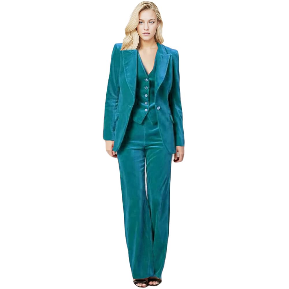 Botong Women's 3 Piece Velvet Suit Office Business Ladies Trouser-Suit One Button Peak Lapel Blazer Vest Pant Set Teal