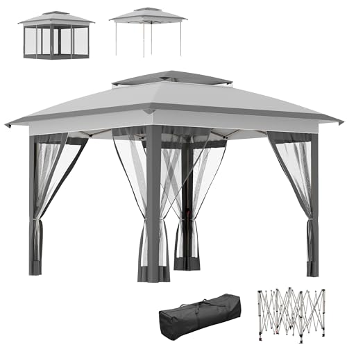 Outsunny 12' x 12' Pop Up Canopy Tent with Netting and Carry Bag, Instant Sun Shelter with 137 sq.ft Shade, Tents for Parties, Height Adjustable, for Outdoor, Garden, Patio, Gray