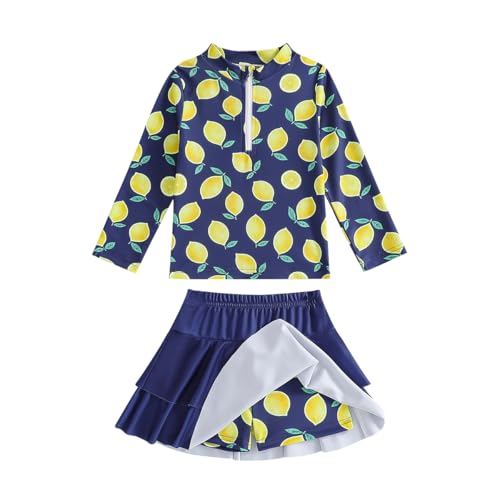Image of Girls Rash Guard Swimsuit Set UPF 50+ Long Sleeve Two Piece Swimwear Half Zip with Skirt Bottom for Kids 3-10Y