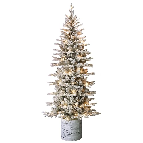 Puleo International 6ft Pre-Lit Potted Flocked Arctic Fir Pencil Christmas Tree with 120 Warm White...