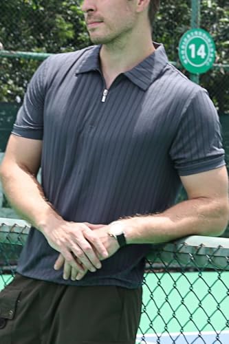 Men's Polo Shirts Short Sleeve T Shirts Ribbed Knit Zipper Polo Shirts Fashion Casual Golf Tee3