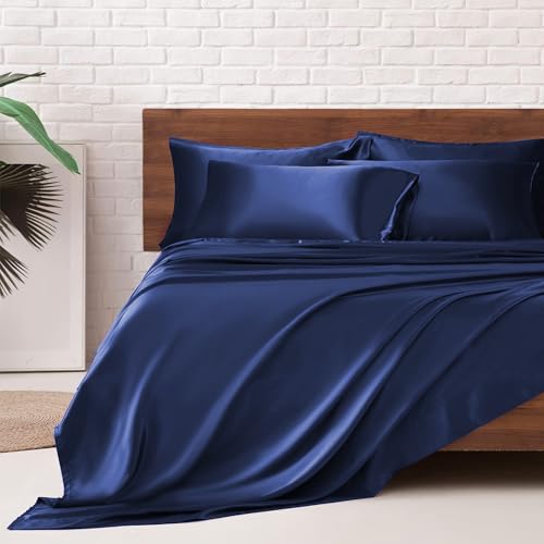 Image of MR&HM Satin Bed Sheets, King Size Sheets Set, 6 Pcs Silky Bedding Set with 15 Inches Deep Pocket for Mattress (King, Navy Blue)