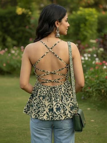 Image of Aahwan Printed Round Neck Sleeveless Backless Short Flared Western Ethnic Kurti Top for Women's & Girl's