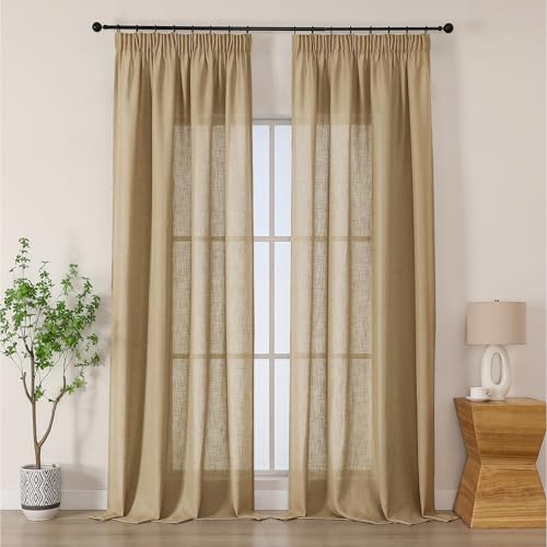 Simplebrand Linen Halbtransparent Vorhänge mit Kräuselband Vorhang lang Modern Leinenoptik Halbtransparent Kräuselbandvorhang für Wohnzimmer Kinderzimmer Raumteiler 2er Set,Leinen, H260 x B140 cm