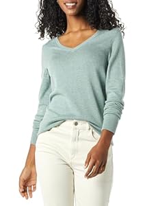 Amazon Essentials Damen Regular-Fit Leichter Langarm-Pullover V-Ausschnitt (In Übergröße Erhältlich), Salbeigrün Meliert, M