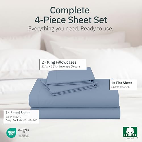 Image of Super Soft 100% Cotton King Sheet Set, 4 Pc Set, Blue Hydrangea | Lightweight & Breathable For Hot Sleepers, 14 inch Deep Pocket, All-Around Elastic, Durable, Easy Care, OekoTex Certified