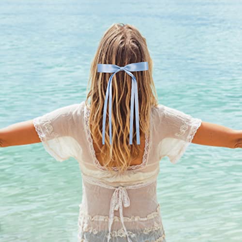 4Pcs Hair Clips For Women Tassel Ribbon Bowknot Hair Clips With Long Tail, Women Hair Clip For Girl, Solid Hair Clips Long Hair Accessories Barrettes Claw Hair Clips With Bow (White Light Blue) #TOP2