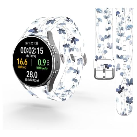 20mm Blue Flowers Sport Band Compatible with Samsung Galaxy Watch 6 5 4 40mm 44mm/ Watch 6 Classic 43mm 47mm/ Watch 5 Pro 45mm/ Watch 3/ Active 2, Silicone Replacement Strap Cover