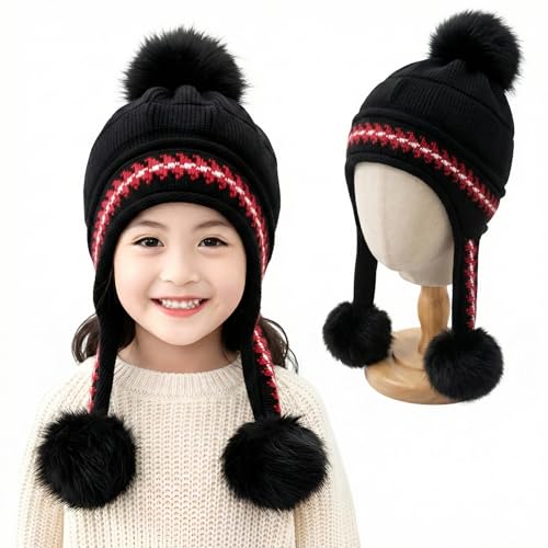 Image of Kraptick Children's Winter Cap: Velvet Thick Warm Woolen Knit Hat with Ear Protection for Children Stylish Korean Beanie with Long Pompom Ears & Fleece Lining Perfect for Winter -4