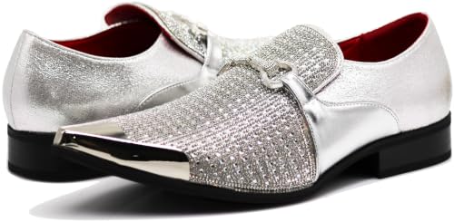 Image of Enzo Romeo Crisino Men Rhinestone Chrome Toe Suede Pointy Buckle Dress Loafer Slip On Shoes