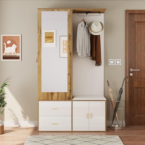 Elegante juego de perchero de madera blanca con espejo, zapatero, ganchos y barra de suspensión extraíble, elegante solución de almacenamiento para entrada y pasillo