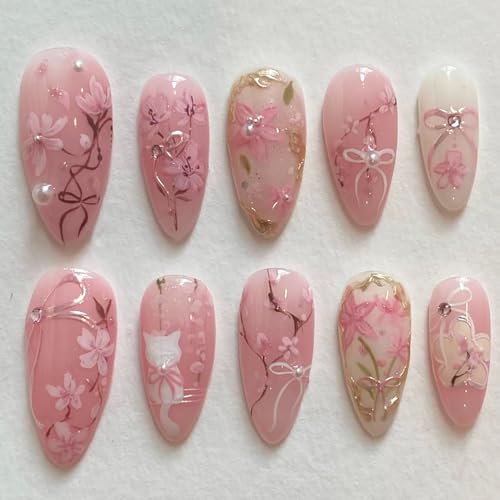 30Pcs Pink Flower Press on Nails Medium Almond Fake Nails with 3D Pearl Rhinestones Designs Glue on Nails Peach Blossom Acrylic Nails Cute Cat Nails Bow Stick on Nails for Women Nail Supplies