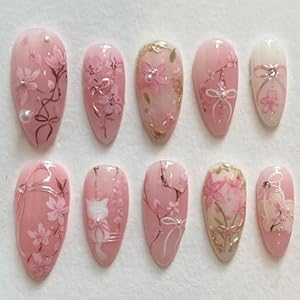 30Pcs Pink Flower Press on Nails Me...