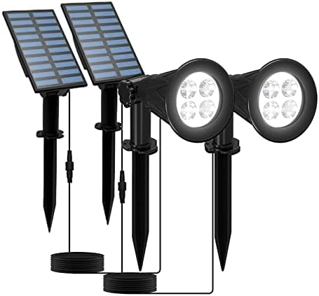 Solar Powered LED Spot Light White 6000K, T-SUNUS Separated Panel with 9.8ft Cable IP65 Waterproof Outdoor Landscape Garden Lights Security Lighting for Flag Patio Yard Driveway Stair Halloween 2 Pack