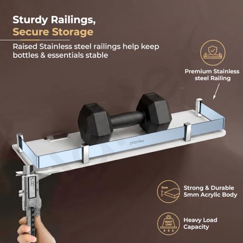 Image of Plantex Wall Shelf for Bathroom Storage /Acrylic Washroom Shelf Organizer with Stainless Steel Railings /Bathroom Accessories (White, 15x6 inches)
