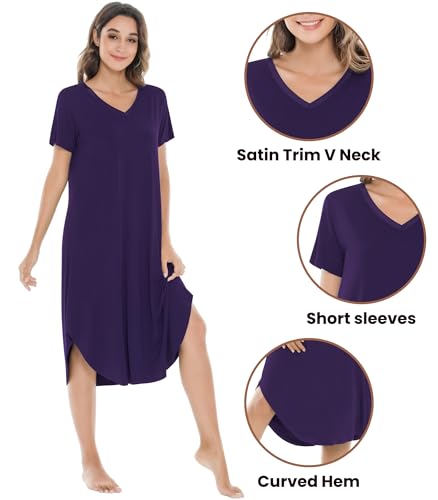 Image of NACHILA Nightgowns for Women-Viscose Made from Bamboo, V Neck Sleepshirts Short Sleeve Sleepwear Cool Nightshirt