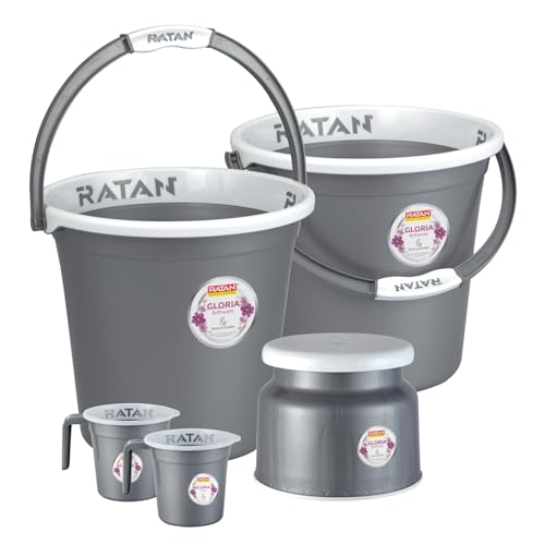 Image of RATAN PLASTICWARE Plastic Bathroom Set of 5 Pieces Combo Pack Gloria Plain,18 Liters 2 Pieces Bucket + Nova Stool Patla 107 + Two Gloria Plain Bath Mug 1 Liter- NIR Silver