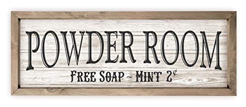 Powder Room Rustic Wood Wall Sign 6x18 (White with Frame)