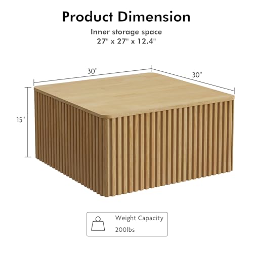 Fluted Square Coffee Table with Storage-Large Wood Center Table with Solid Wood Veneer Top, Mid Century Modern Low Coffee Table for Living Room, Natural - Thumbnail 2