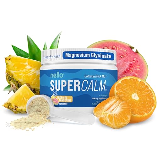 Image of Nello Supercalm Powdered Drink Mix Tub, Cortisol Reducer* and Sleep Aid Supplement, L Theanine, Ksm-66 Ashwagandha, Magnesium Glycinate, Vitamin D 3, No Sugar, Non GMO, 30 Ct, Tropical Tangerine