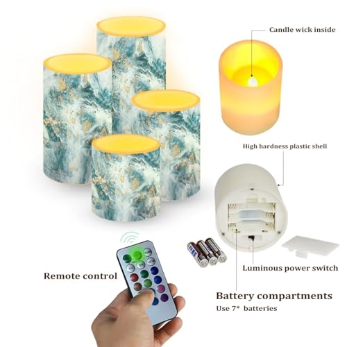Image of Flameless LED Battery Candles Pack of 4 Waterproof Pillar Candles Tealights with 18-Key Timer Remote Colorful Lights for Indoor Outdoor Home Outdoor Wedding Decor, Blue Gold Marble