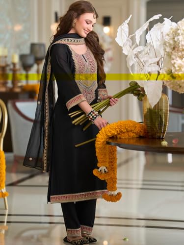 Image of INDO ERA Women's Silk Blend Ethnic Motifs Embroidered A-Line Kurta & Pant with Dupatta Set (IEOUT12371)