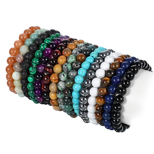 15pcs 8mm Gorgeous Semi-Precious Gemstone Bracelet, Round Beaded Bracelets for Women Men, Crystal Stretch Bead Bracelet Jewelry Gifts