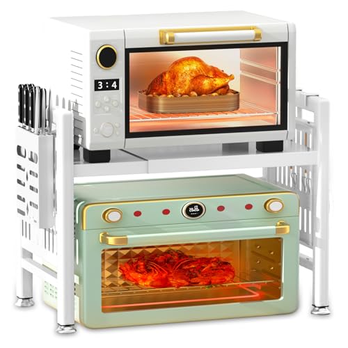 NLMWTI Soporte Extensible para Microondas de 2 Niveles, Soporte para Microondas con Soporte Cuchillos, 6 Ganchos, Soporte para Microondas y Horno Cocina, soportar 35 kg