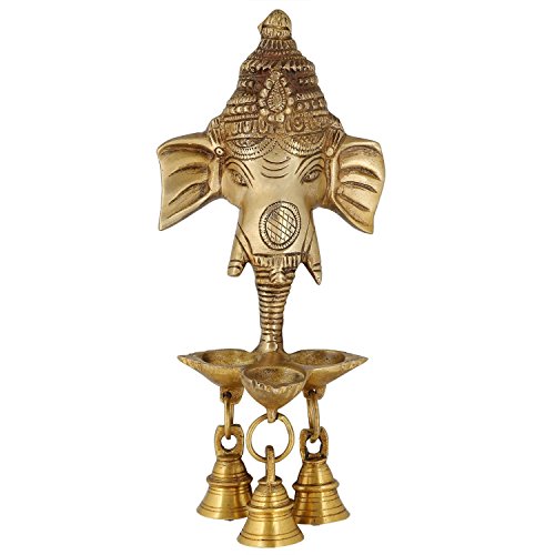 Image of ARTVARKO Brass Ganesh Ganesha Wall Hanging Idol Oil Lamp Three Diyas and Bells Puja Gifting Entrance Home Decor Idol 9.5 Inch.