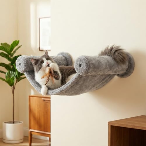 Image of Wall-Mounted Cat Hammock, Grey Plush Fabric, Strong & Secure, Ultra-Soft (16X11) FURR-154 (Grey)