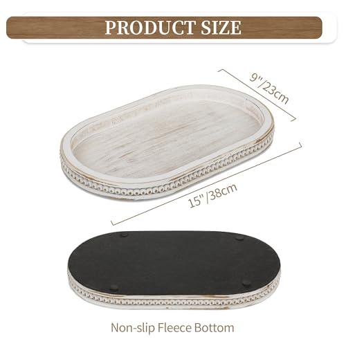 image for Hanobe Decorative Serving Tray Wood: White Washed Bead Oval Tray for C