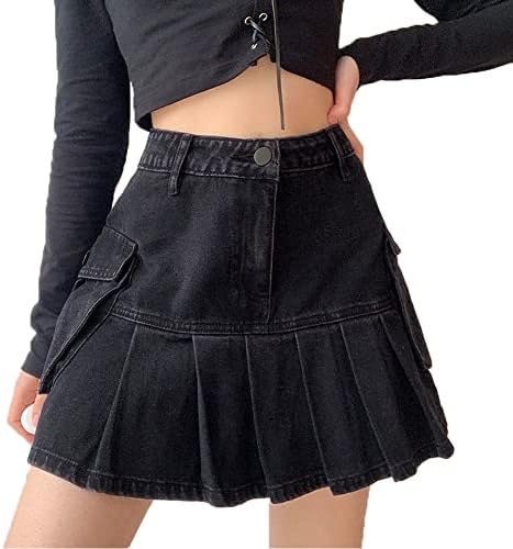 Women’s Elastic Plus Size High Waisted Jean Skirt Casual Y2K Goth High A-line Mini Flared Skater Denim Skirt with Shorts