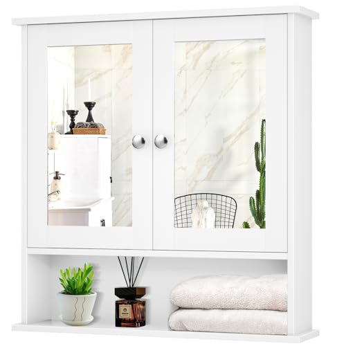 Armario de medicinas GIANTEX, armario de pared para baño con 2 puertas espejadas, estante ajustable, compartimento abierto, armario montado en la pared, armario de almacenamiento sobre el inodoro, armario de 22" x 5" x 23" (blanco)