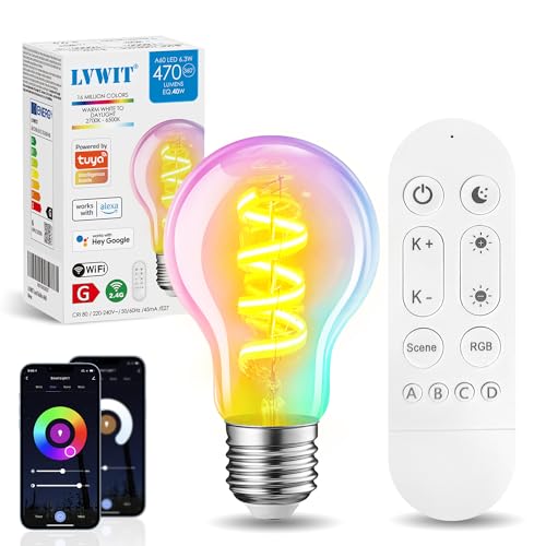 LVWIT Lampadine LED Wifi Smart Attacco E27 Vintage Retrò Edison 470Lm,RGB,6.3W Equivalenti a 40W,Lampadine Alexa,Smart Bulb,Lampadina Intelligente Dimmerabile,luce alexa,Controllo App e Telecomando