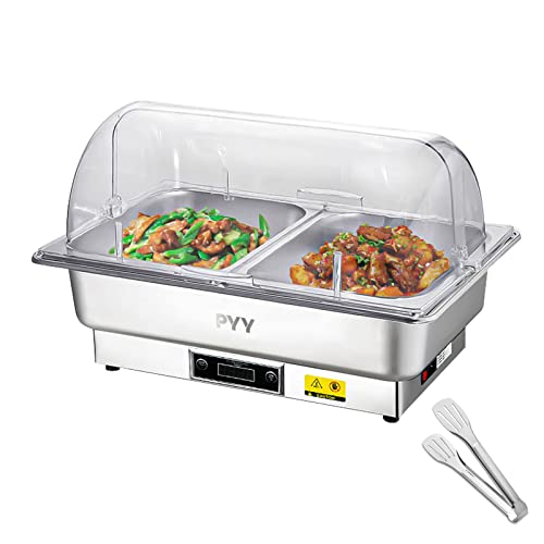 PYY 10QT Electric Chafing Dish with Adjustable Temp 0&deg;C~100&deg;C Stainless Steel Chafer,Temperature Control, Buffet Servers and Warmers with Roll Top & Temp Display for Catering,Buffets (Half Size)