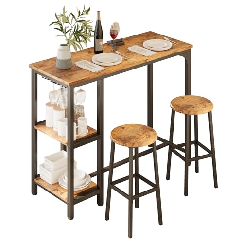 Blishom Juego de Mesa de Bar de 3 Piezas con 2 Taburetes, Mesa de Bar de Cocina con 2 Estantes y Portavasos, Mesa de Bar Multiusos para Sala de Estar y Comedor (Retro)