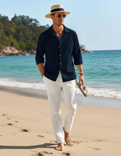 Image of Combo of Men's Casual Cotton Blend Shirt || Long Sleeve Button Down with Spread Collar | Lightweight Breathable Fabric | Stylish Solid Shirt for Beach, Office & Everyday Wear Pack of 2