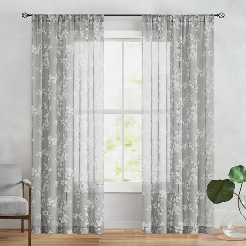 Image of FMFUNCTEX Linen Sheer Blossom Floral Print Curtains Grey 96 Inch 2 Panels