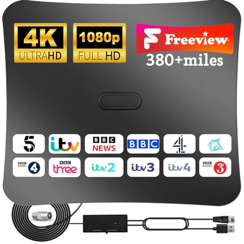 TV Aerial Indoor - Digital TV Aerial 380 Miles Range & 360° Reception with Amplifier Signal Booster, Freeview TV Antenna Support 4K/1080P/All Older TV with 16.4ft Coax Cable