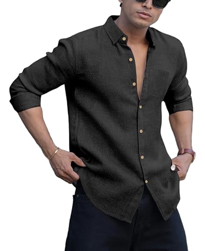 Image of Men's Solid Linen Cotton Shirt | Casual Style | Plain Design | Full Sleeve | Summer Regular Fit | Stylish Shirt for Men | Formal Wear