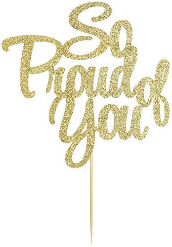 Festiko So Proud of You Cake Topper - Glitter Card in Gold for Cake Decoration, Birthday/Anniversary/Engagement/Graduation