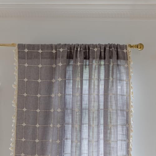 Colorigan 2 Panel Cotton Linen Boho Curtains 84 Inches Long For Living Room Bedroom, Kitchen, Plaids Lattice Embroidered Semi Blackout Bohemian Farmhouse Window Treatment Grids Drape Tassels,Gray thumb #8