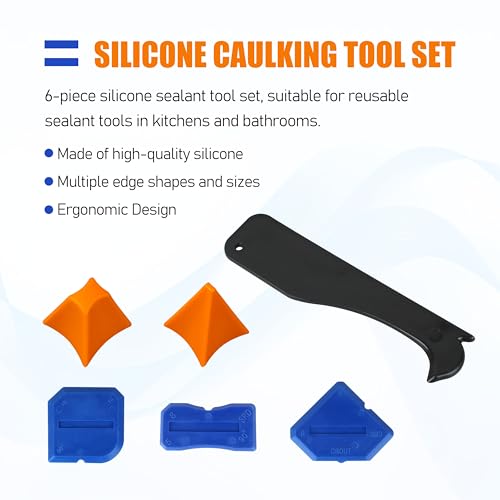 Image of Silicone Caulking Tool Set, 6 Piece Seam Finishing Applicator, Reusable Sealant Tools for Kitchen and Bathroom