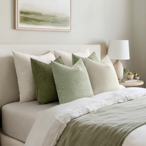 MIULEE Modern Farmhouse Decorative Lumbar Pillow Covers 20x20 Inch Set of 4 Natural Rustic Throw Pillows Neutral Warm Soft Corduroy Couch Pillowcases Home Decor for Sofa Living Room Bed Light Green