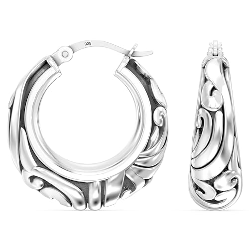 LeCalla 925 Sterling Silver Antique Vintage Inspired Filigree Hoop Earrings Lightweight Bali Style Chunky SMALL Click-Top Hoop Earrings for Women - 25mm