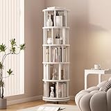 Muwuele Solid Wood Rotating Bookshelf on Wheels, 5 Tier, Round Revolving Bookcase, 360Β° Spinning Book Shelf Tower for Kids, Narrow Rolling Bookshelves for Small Space, Corner, Bedroom, Office, White