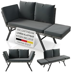 Juskys® Gartenbank Calvia Grau-meliert/Grau - klappbares polyrattan Gartensofa inkl. Kissen, Multifunktionbank mit 240 kg Belastbarkeit