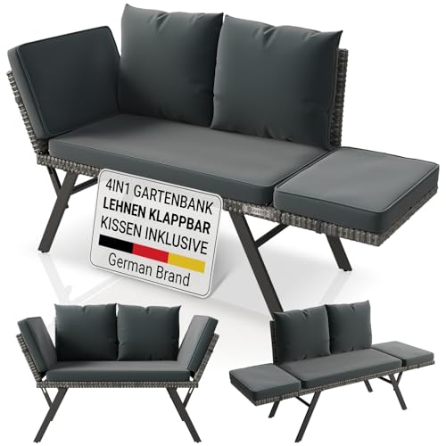 Juskys Gartenbank Calvia bis zu 3 Personen | Sitzen oder liegen im Freien | klappbare Polyrattan Multifunktionsbank & Sonnenliege | Gartensofa Outdoor wetterfest | bis 240 kg für Balkon und Terrasse
