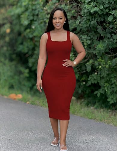 Image of TOPSRANI Women Sexy Midi Dress Bodycon Casual Sleeveless Basic Ruched Tank Summer Club Party Dresses