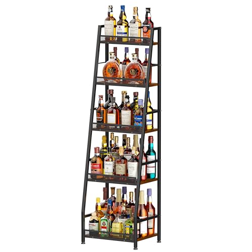 5-Tier Trapezoid Liquor Stand for Home Bar, Large-Capacity Liquor Cabinet Bar for Home, Stepped Wine Rack Freestanding Floor for Whiskey, Corner Wine Bottle Display Shelf with Fences for Living Room